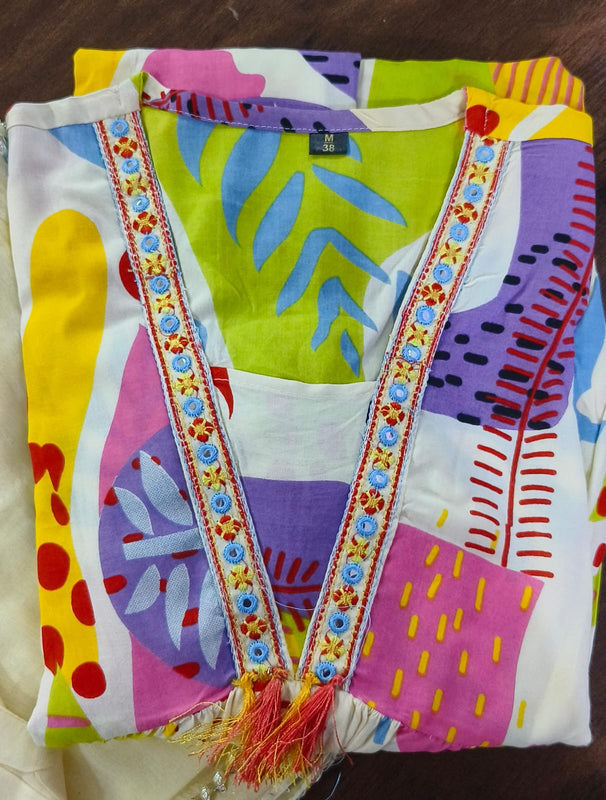 Cream Anarkali Cotton Printed Floral Blunt V Abstract Set