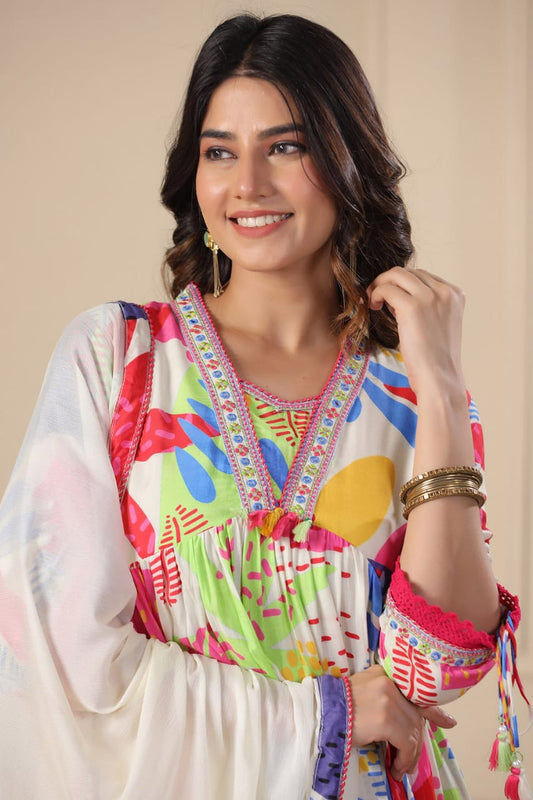 Cream Anarkali Cotton Printed Floral Blunt V Abstract Set