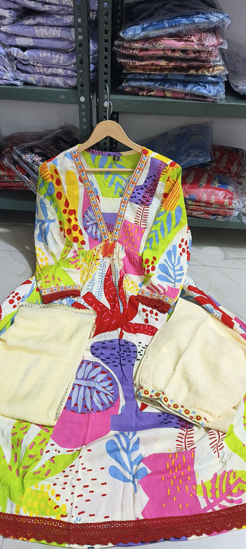 Cream Anarkali Cotton Printed Floral Blunt V Abstract Set