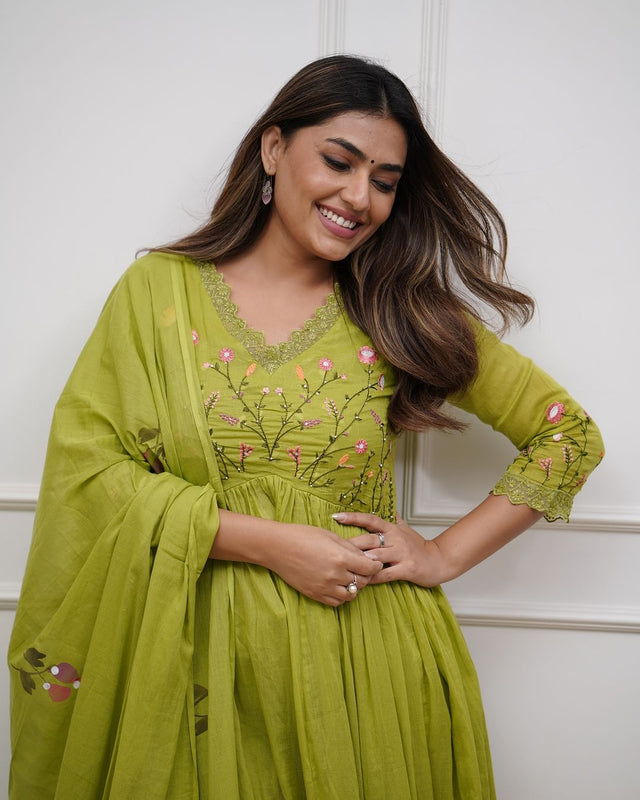 Green Embroidered Cotton Kurta and Pant Set with Dupatta
