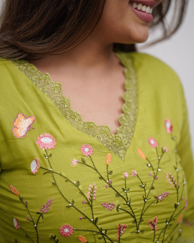 Green Embroidered Cotton Kurta and Pant Set with Dupatta