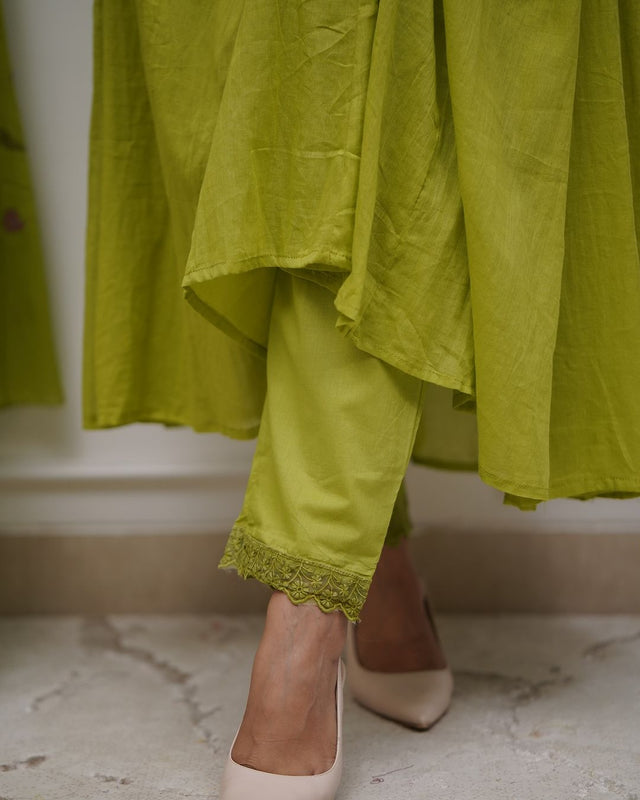 Green Embroidered Cotton Kurta and Pant Set with Dupatta