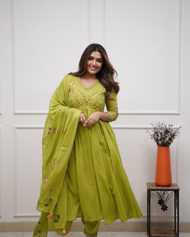 Green Embroidered Cotton Kurta and Pant Set with Dupatta