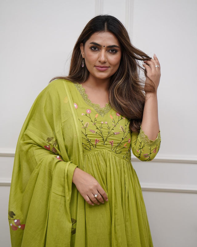 Green Embroidered Cotton Kurta and Pant Set with Dupatta