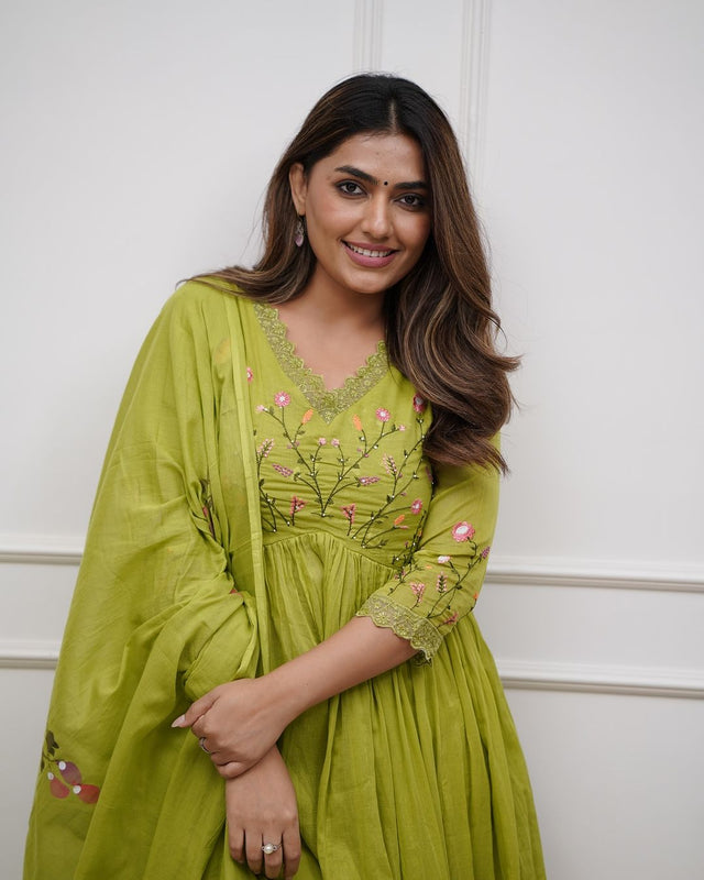 Green Embroidered Cotton Kurta and Pant Set with Dupatta