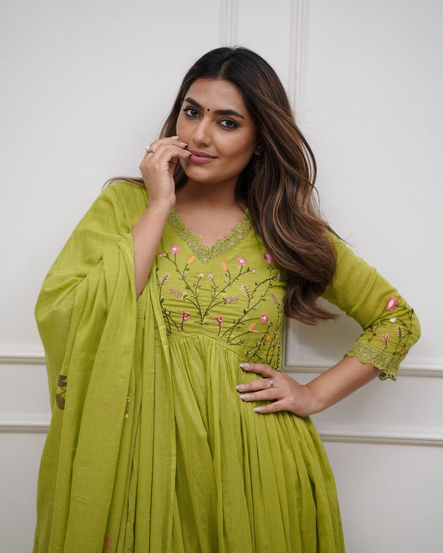 Green Embroidered Cotton Kurta and Pant Set with Dupatta