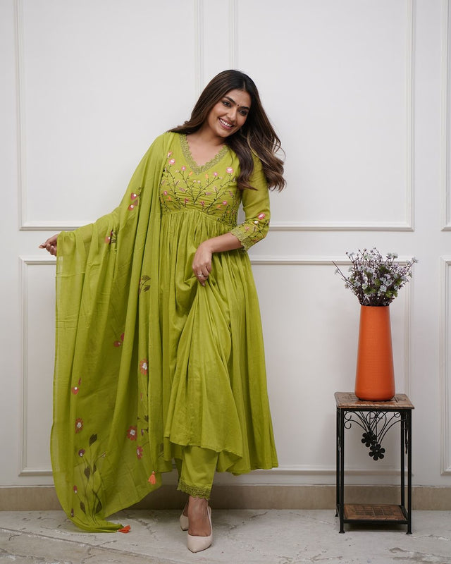 Green Embroidered Cotton Kurta and Pant Set with Dupatta