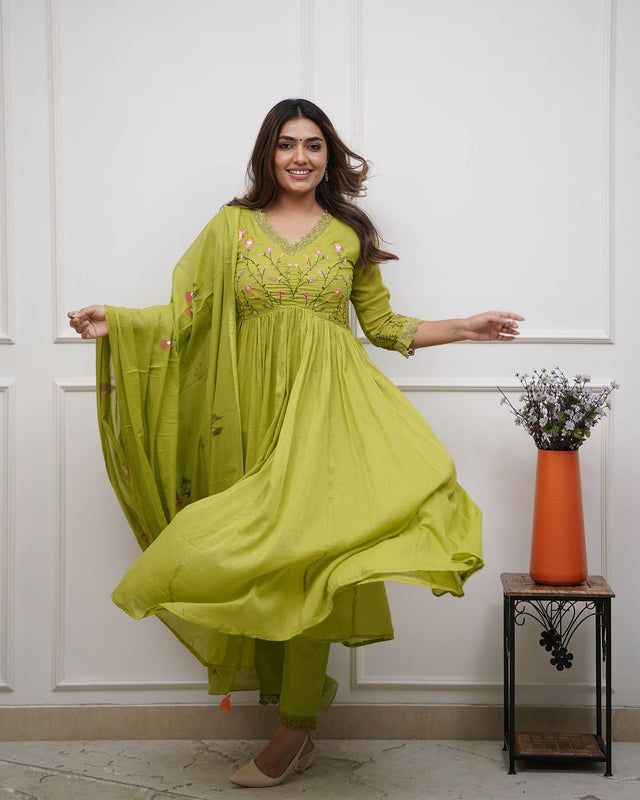 Green Embroidered Cotton Kurta and Pant Set with Dupatta