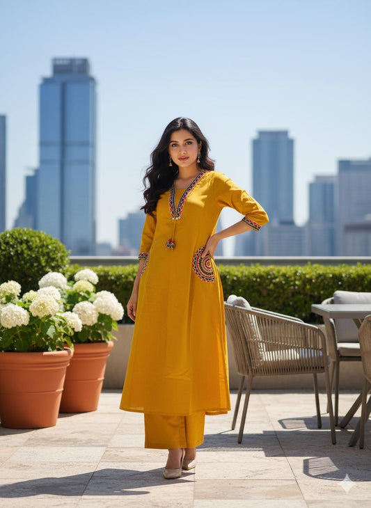 Beautiful Pure Cotton Flex Kurta with Pant (Yellow)