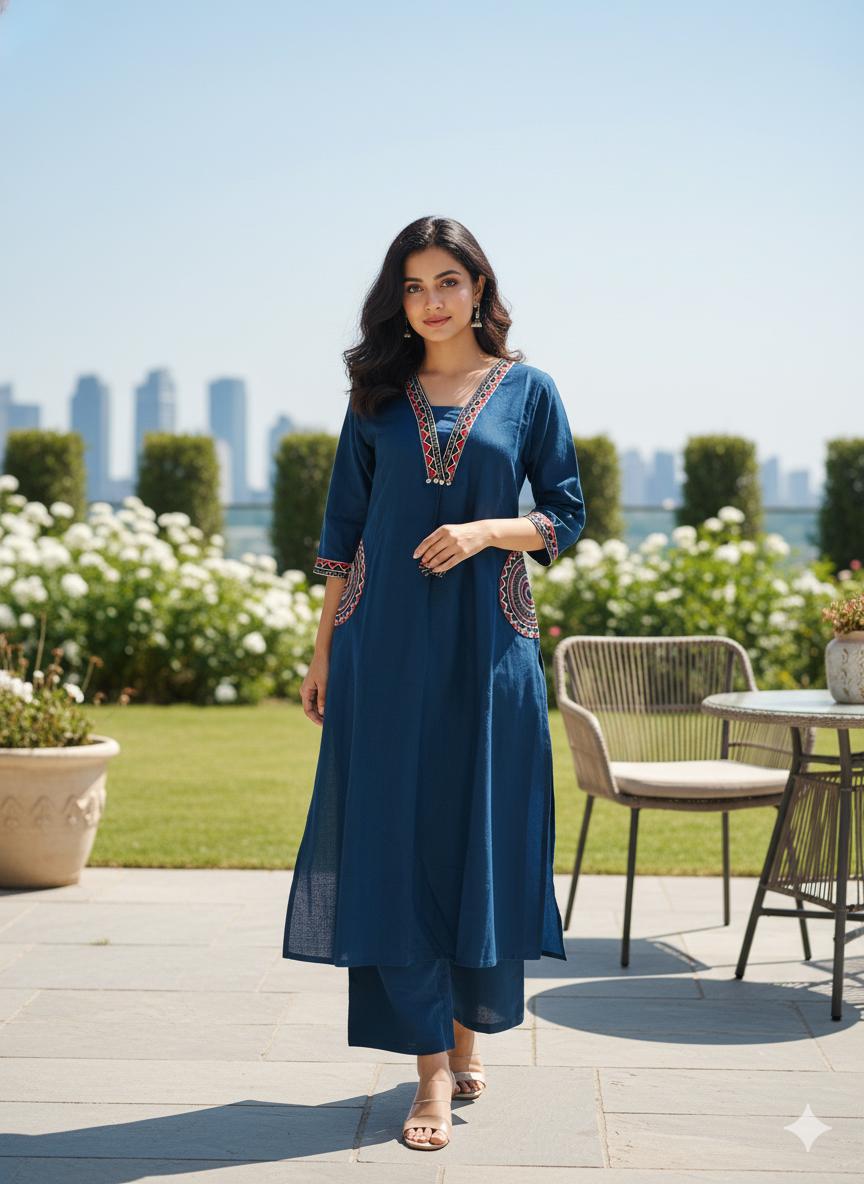 Beautiful Pure Cotton Flex Kurta with Pant (Blue)